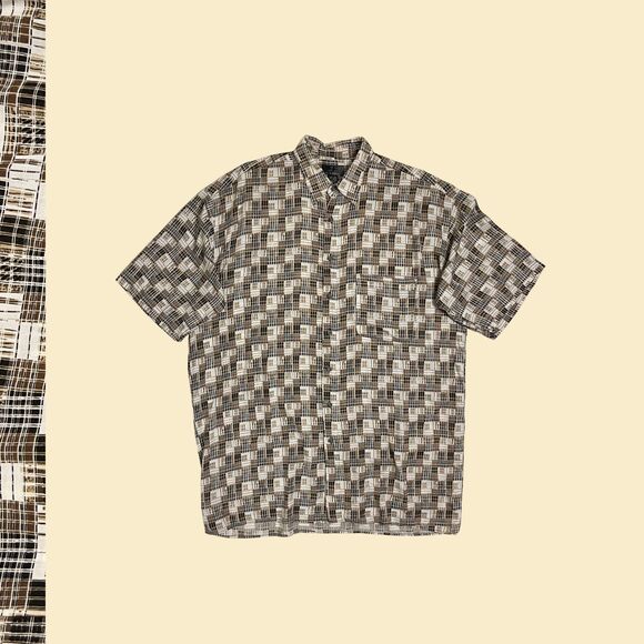 90s XLT geometric shirt, vintage J. Ferrar mens brown/beige patterned top - Picture 1 of 9